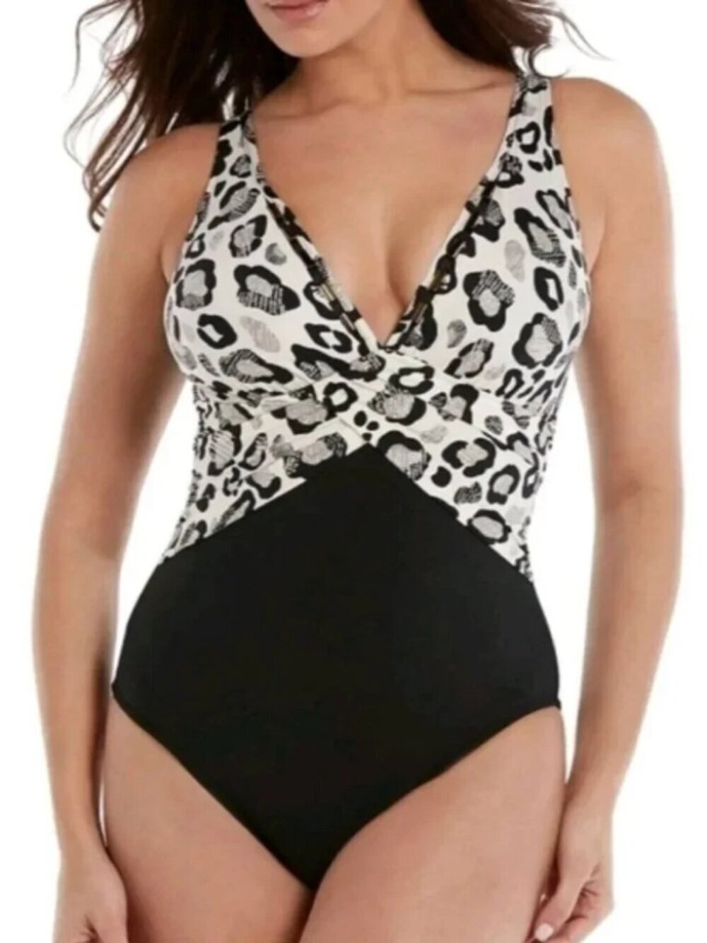 Miraclesuit Purrfectly Animal Print Posh Elan One Piece Size 10 Black